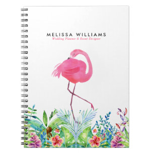 Caderno Espiral Beira tropical das flores & flamingo cor-de-rosa