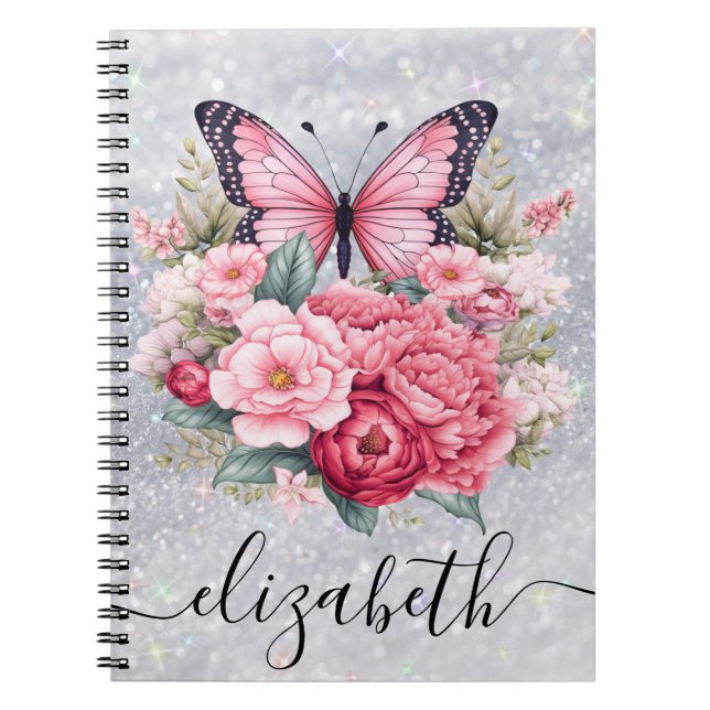 Caderno Espiral Bela Borboleta E Flores Nome Personalizado (Frente)