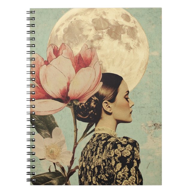 Caderno Espiral Bela Lua - Mulher com Flor Rosa e Lua (Frente)
