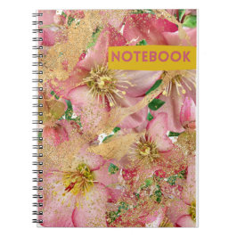 Caderno Espiral belas flores cor-de-rosa e detalhes em dourado