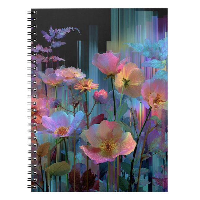 Caderno Espiral Belas flores de arte em néon (Frente)