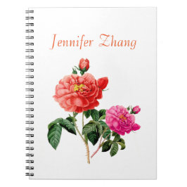 Caderno Espiral belas flores de rosa, vermelhas e cor-de-rosa