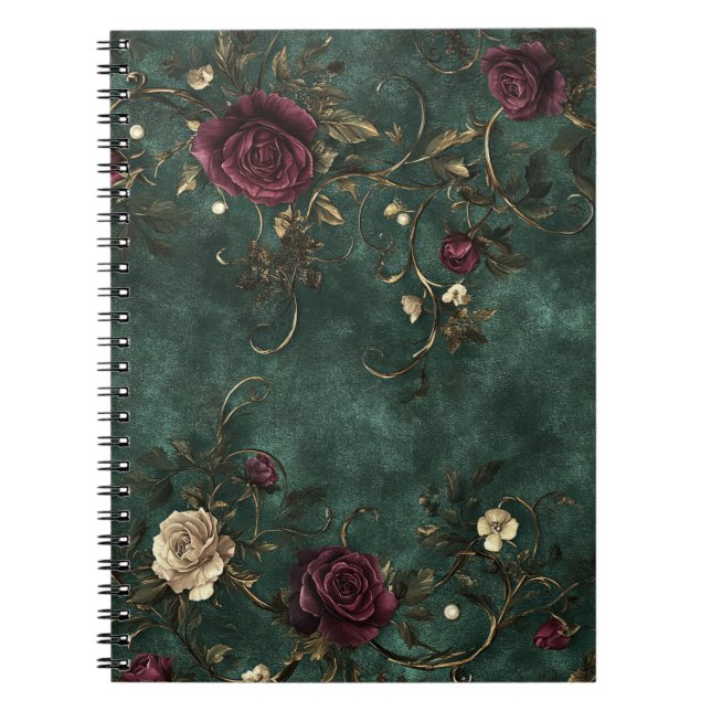 Caderno Espiral Belas rosas com espirais douradas.  (Frente)