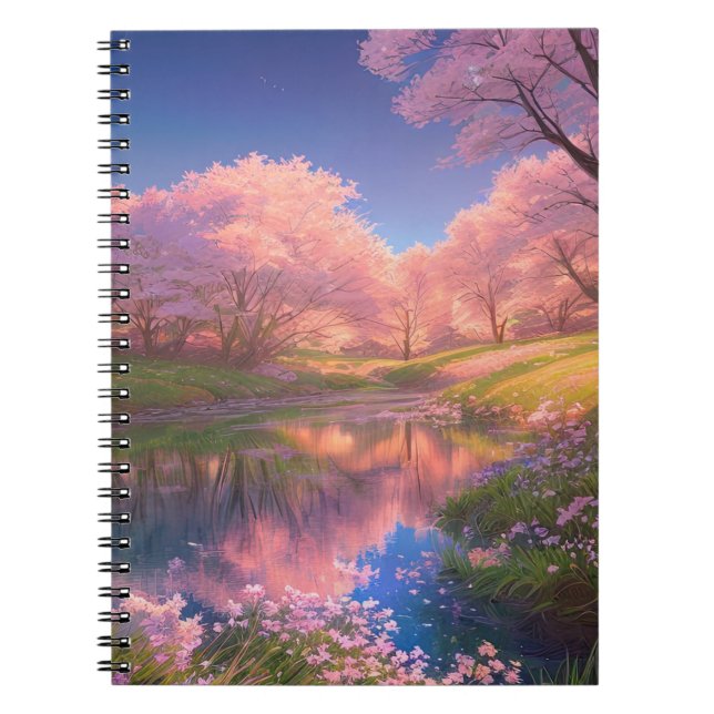 Caderno Espiral Beleza do Lago Sakura e Flor Rosa (Frente)