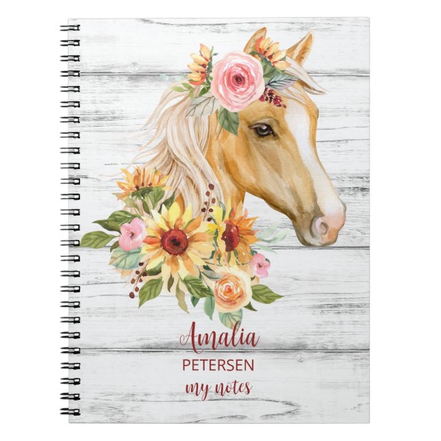 Caderno Espiral Belo cavalo Palomino com flores de sol (Frente)