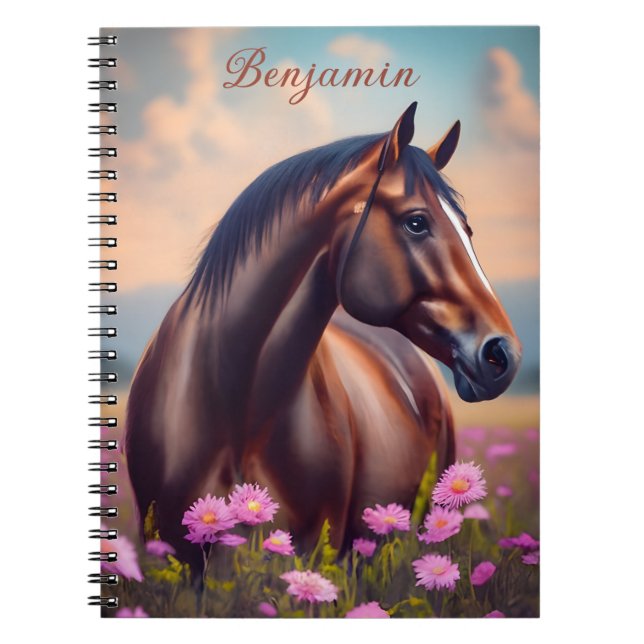 Caderno Espiral Belo Cavalo Quarto com Flores Nome (Frente)