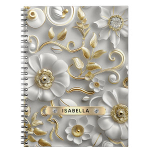 Caderno Espiral Belo Nome Personalizado Floral 3D Branco E Dourado