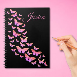 Caderno Espiral Belo padrão de borboleta monograma nome rosa