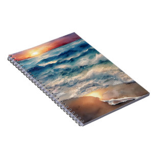 Caderno Espiral Belo Sunset sobre as ondas de praia