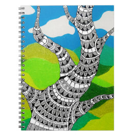 Caderno Espiral Bendy Tree Design Clouds Grassy Landscape