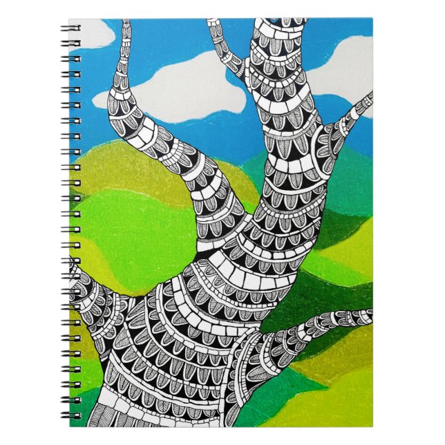 Caderno Espiral Bendy Tree Design Clouds Grassy Landscape (Frente)