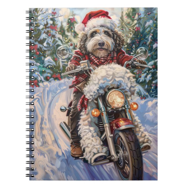 Caderno Espiral Bernedoodle Dog Andando na Motocicleta Natal (Frente)