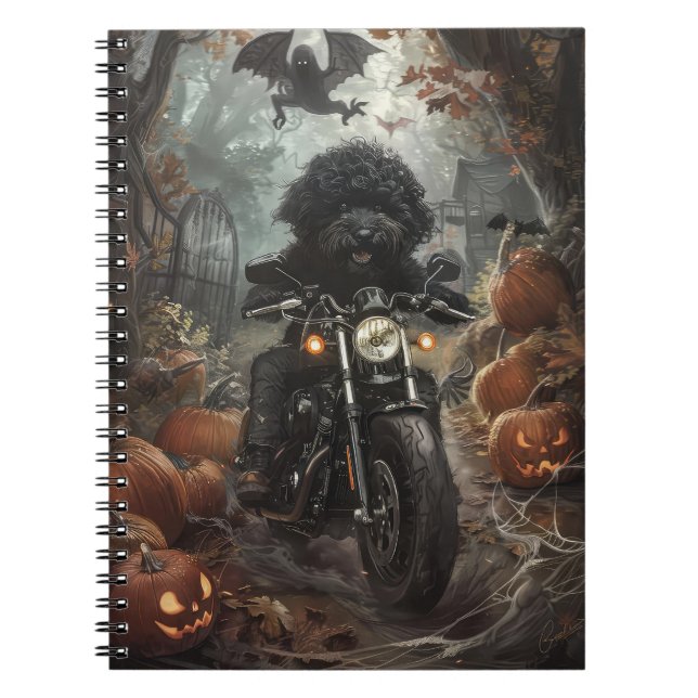 Caderno Espiral Bernedoodle Riding Motorcycle Halloween Scary (Frente)