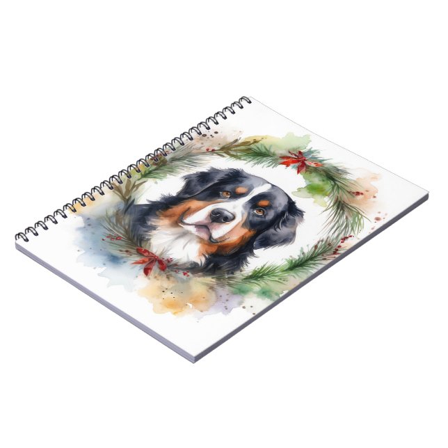 Caderno Espiral Bernese Mountain Christmas Wreath Festivo (Left Side)
