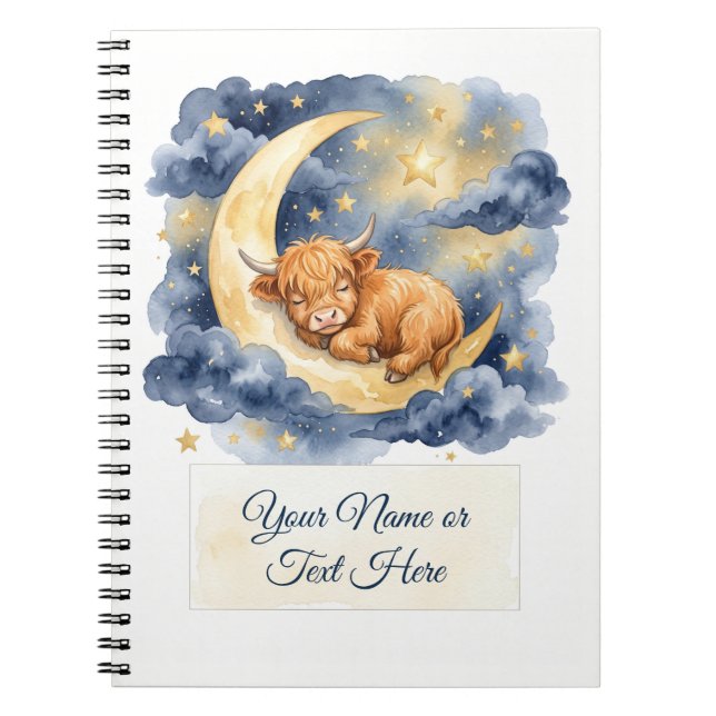 Caderno Espiral Bezerro das Terras Altas Dormindo na Lua Crescente (Frente)