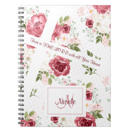 Caderno Espiral Bíblia Cristã Verse Rosa Floral Nome Monograma