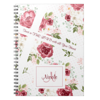 Caderno Espiral Bíblia Cristã Verse Rosa Floral Nome Monograma