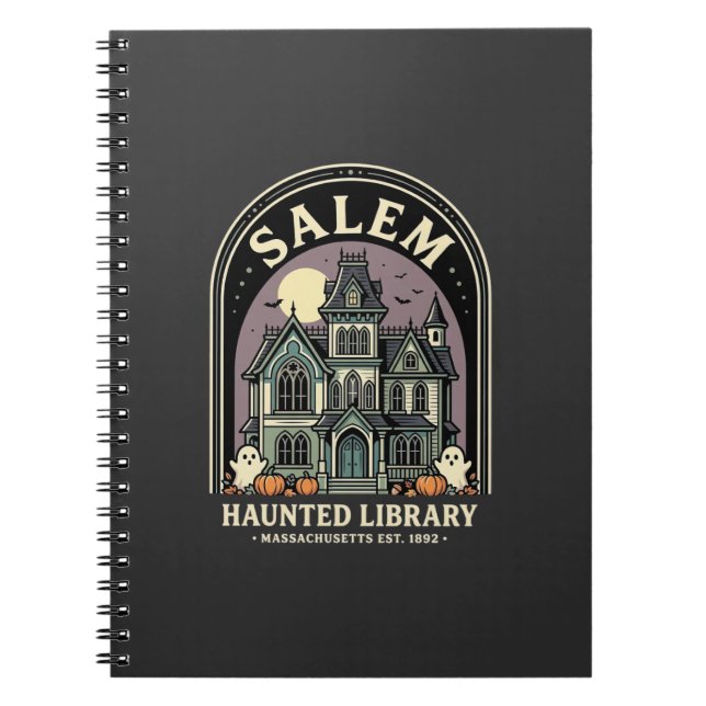 Caderno Espiral Biblioteca Assombrada de Salem Design de Halloween (Frente)