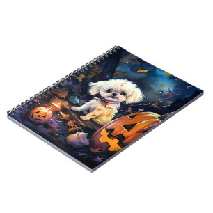 Caderno Espiral Bichon Frise de Halloween com Abóboras Assustadora