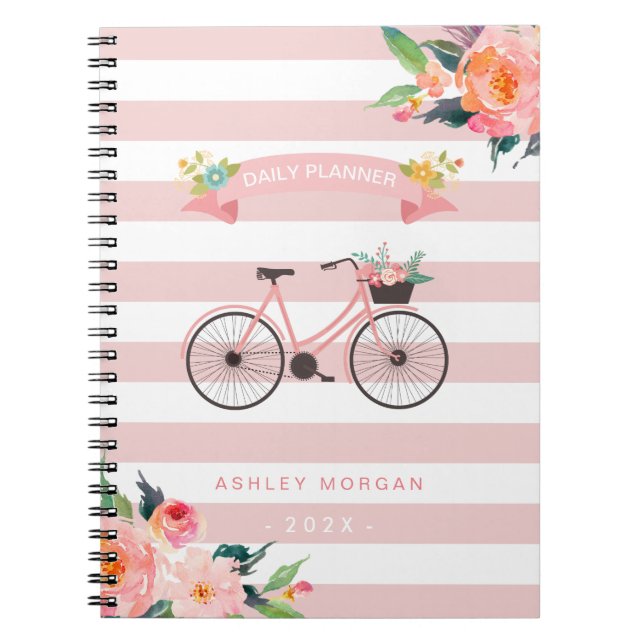 Caderno Espiral Bicicleta Chic Floral Girly Pink Strips (Frente)