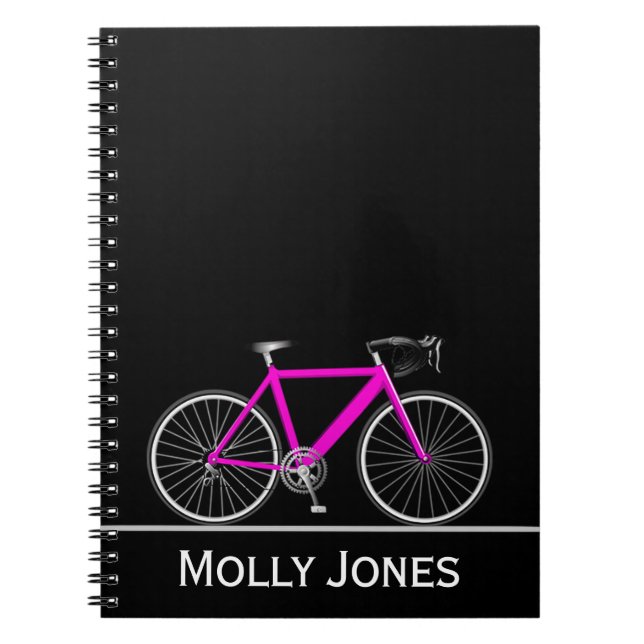 Caderno Espiral Bicicleta Rosa Neon com Nome em Preto (Frente)
