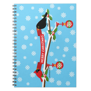 Caderno Espiral Bico-Negro E Cardeal Em Ramificação - MERRY XMAS