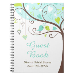 Caderno Espiral Birds Hearts Tree Blue and Green Bridal Shower
