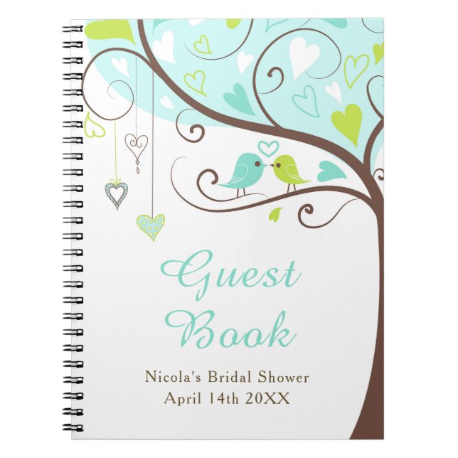 Caderno Espiral Birds Hearts Tree Blue and Green Bridal Shower (Frente)