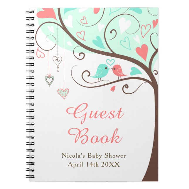 Caderno Espiral Birds Hearts Tree Mint and Coral Baby Shower (Frente)