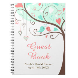 Caderno Espiral Birds Hearts Tree Mint and Coral Bridal Shower