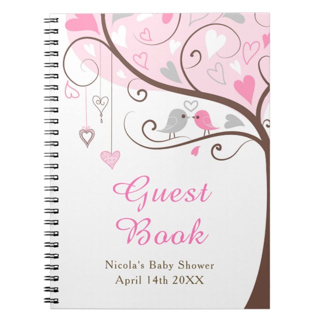 Caderno Espiral Birds Hearts Tree Pink Baby Shower (Frente)