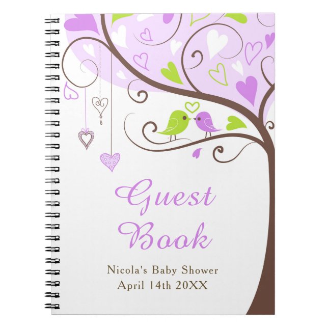 Caderno Espiral Birds Hearts Tree Purple and Green Baby Shower (Frente)