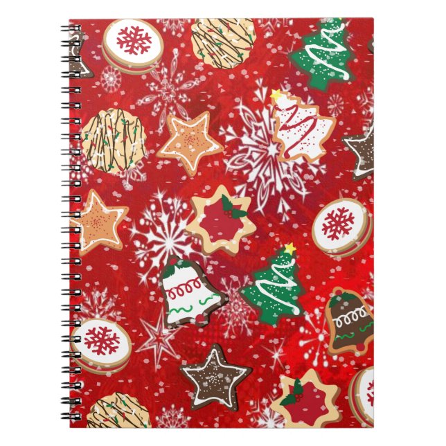Caderno Espiral Biscoitos de Natal e Flocos de Neve em Vermelho (Frente)