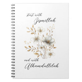 Caderno Espiral Bismillah Alhamdullilah Floral Branco Dourado