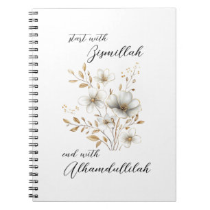 Caderno Espiral Bismillah Alhamdullilah Floral Branco Dourado