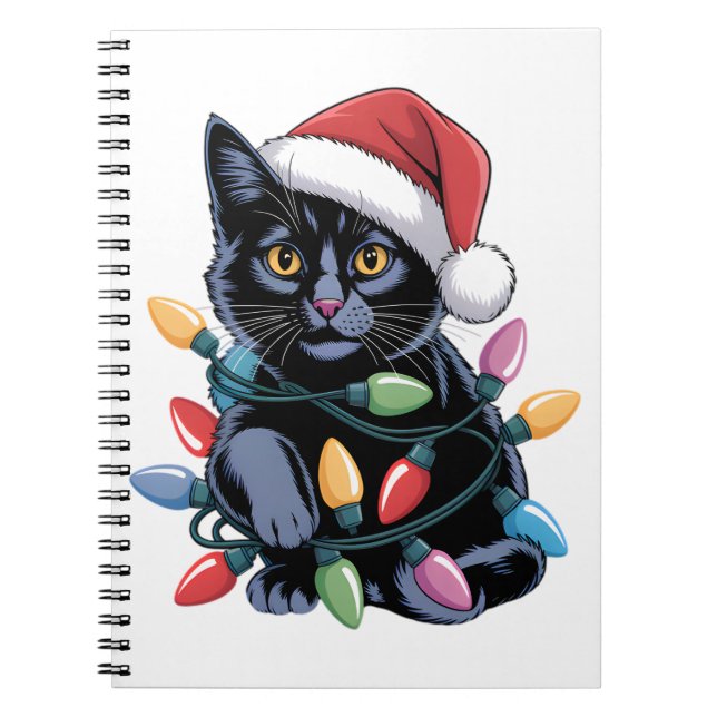 Caderno Espiral Black Cat Natal Luz Engraçada Gato (Frente)