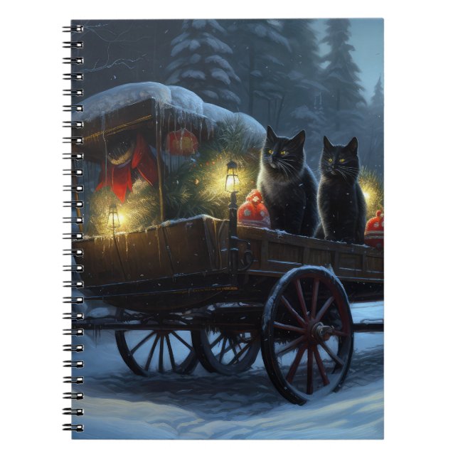 Caderno Espiral Black Cat Snowy Sleigh Durante o Decinto de Natal (Frente)