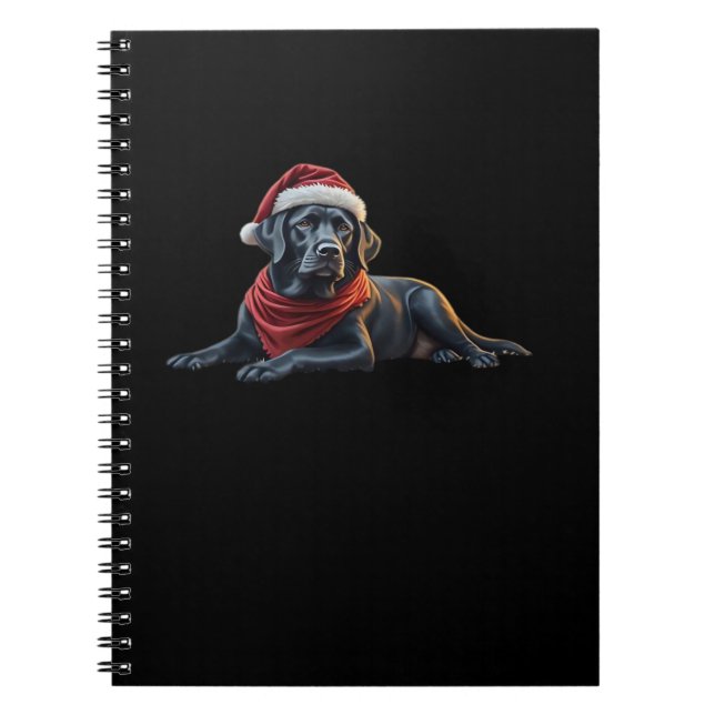 Caderno Espiral Black Labrador no Natal em Santa Hat e Scarf (Frente)