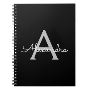 Caderno Espiral Black Silver Modern Script Girly Monographic Name