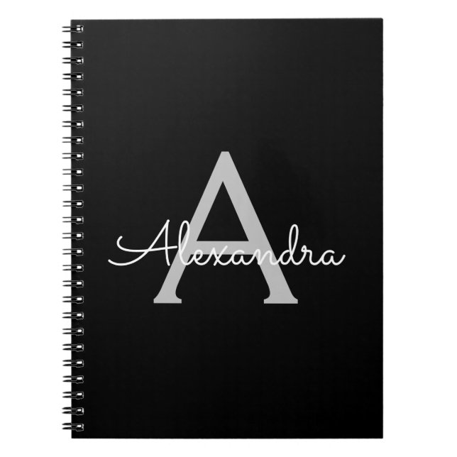 Caderno Espiral Black Silver Modern Script Girly Monographic Name (Frente)