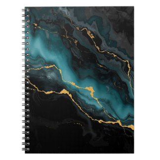 Caderno Espiral Black Teal Ink Marble Notebook with Gold Flow Vein