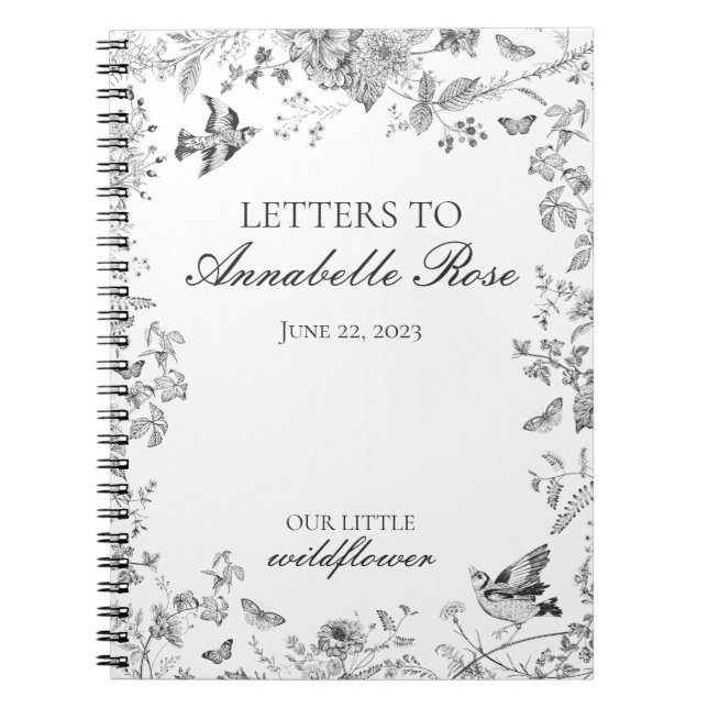 Caderno Espiral Black Toile Jouy Floral Letters to Birthday Girl (Frente)