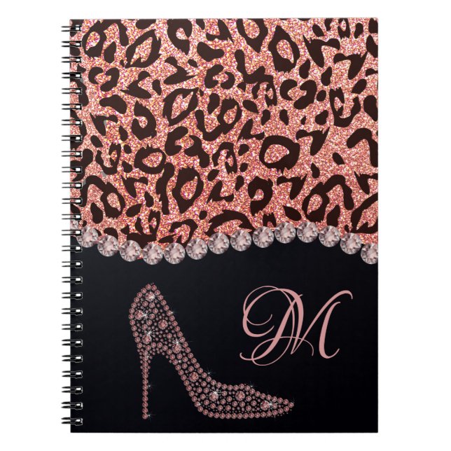 Caderno Espiral Bling Sparkle Diamond Glitter Leopard Rosa Dourado (Frente)