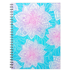 Caderno Espiral Blue and pink colors ornate flowers seamless patte