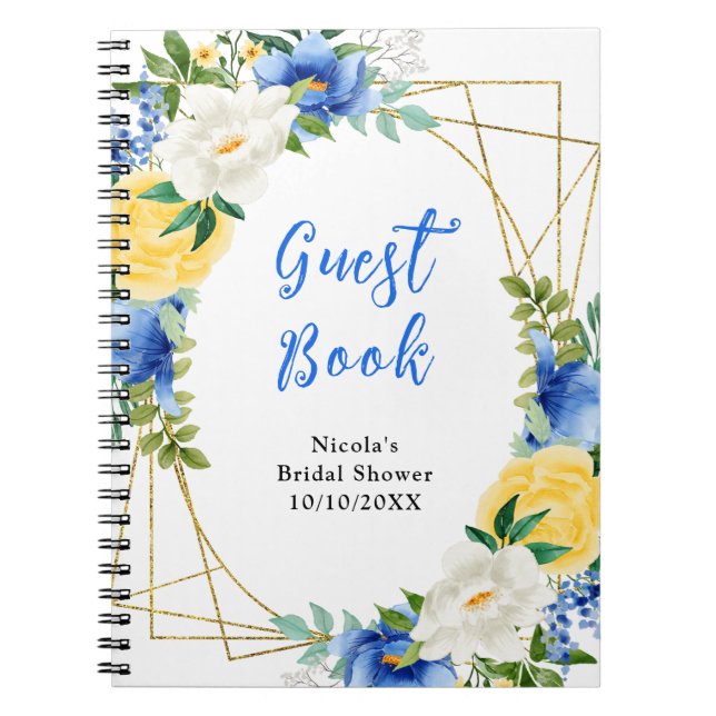 Caderno Espiral Blue and Yellow Floral Bridal Shower Guest Book (Frente)