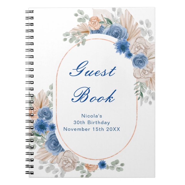 Caderno Espiral Blue Boho Pampas Grass Birthday Party Guest Book (Frente)