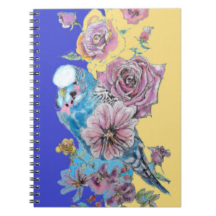 Caderno Espiral Blue Budgie Rose Watercolor Navy Bird Notebook