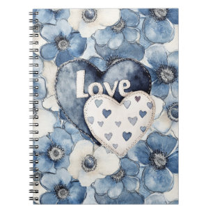 Caderno Espiral Blue Denim Hearts Flowers Love