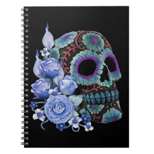 Caderno Espiral Blue Floral Black Sugar Skull Day Of The Dead