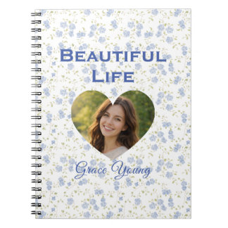 Caderno Espiral Blue Floral Pattern Heart Photo Frame Design